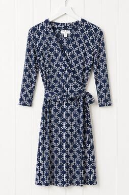 DM Collection Laurel Jersey Shirt Dress Women's 6 Navy Geometric Faux Wrap NWT